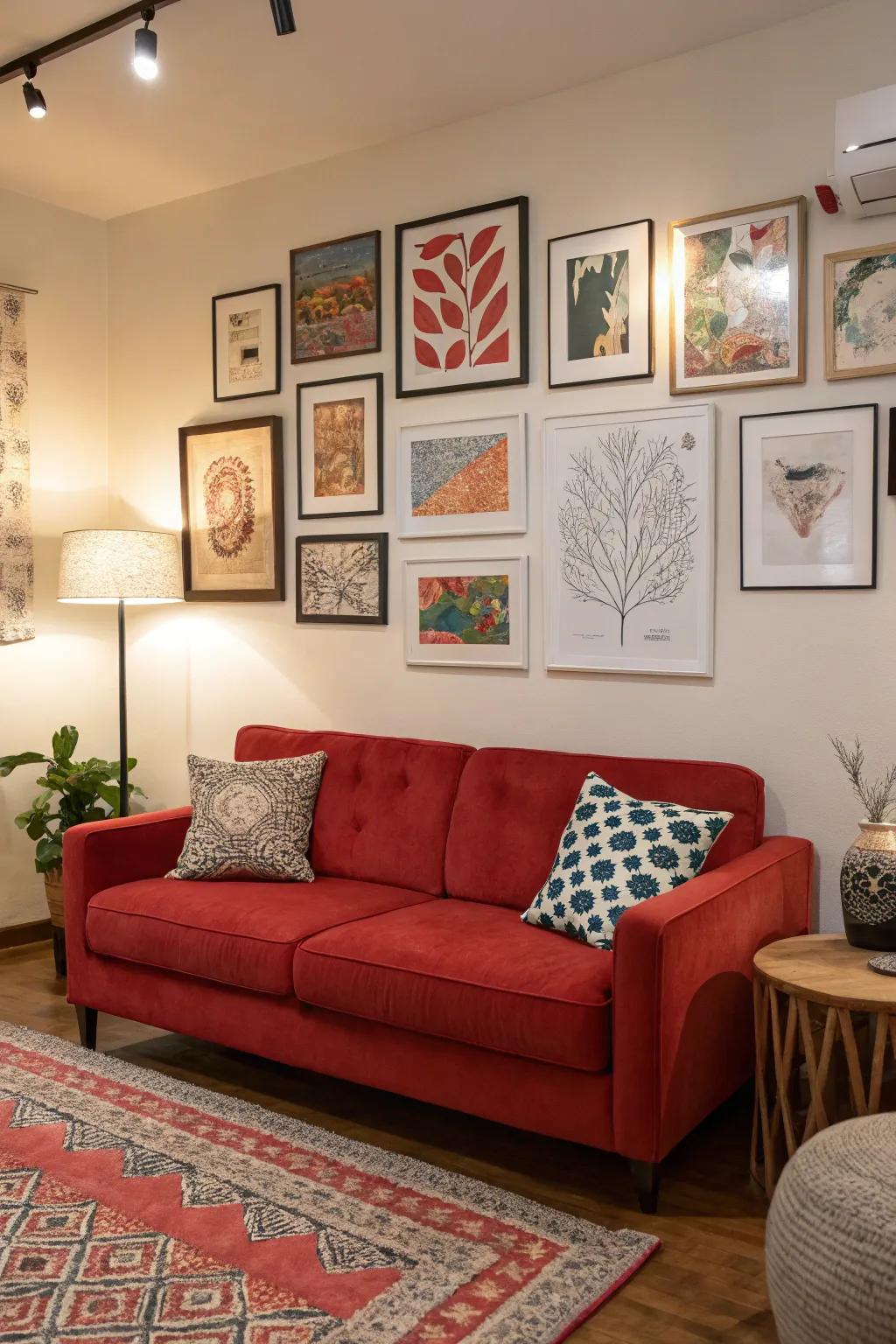 Wall art enriches depth and enhances the striking declaration of a ruby settee.