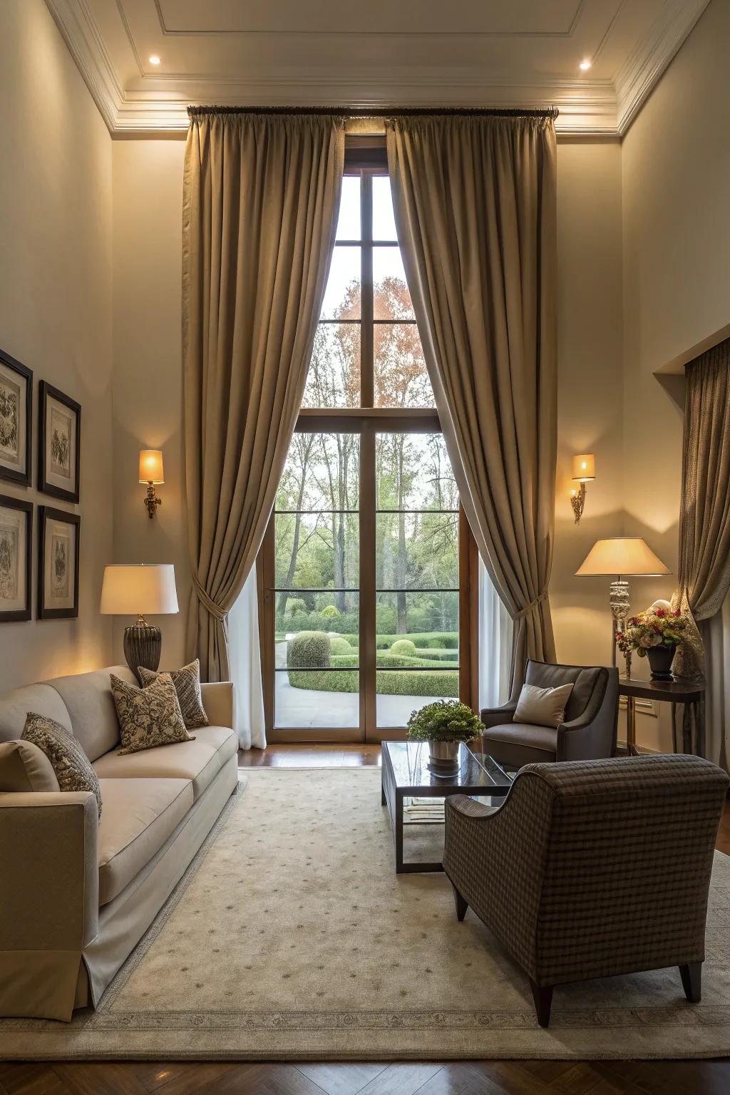 Craft a stylish appearance with spectacular, full-length drapes for your picture windows.
