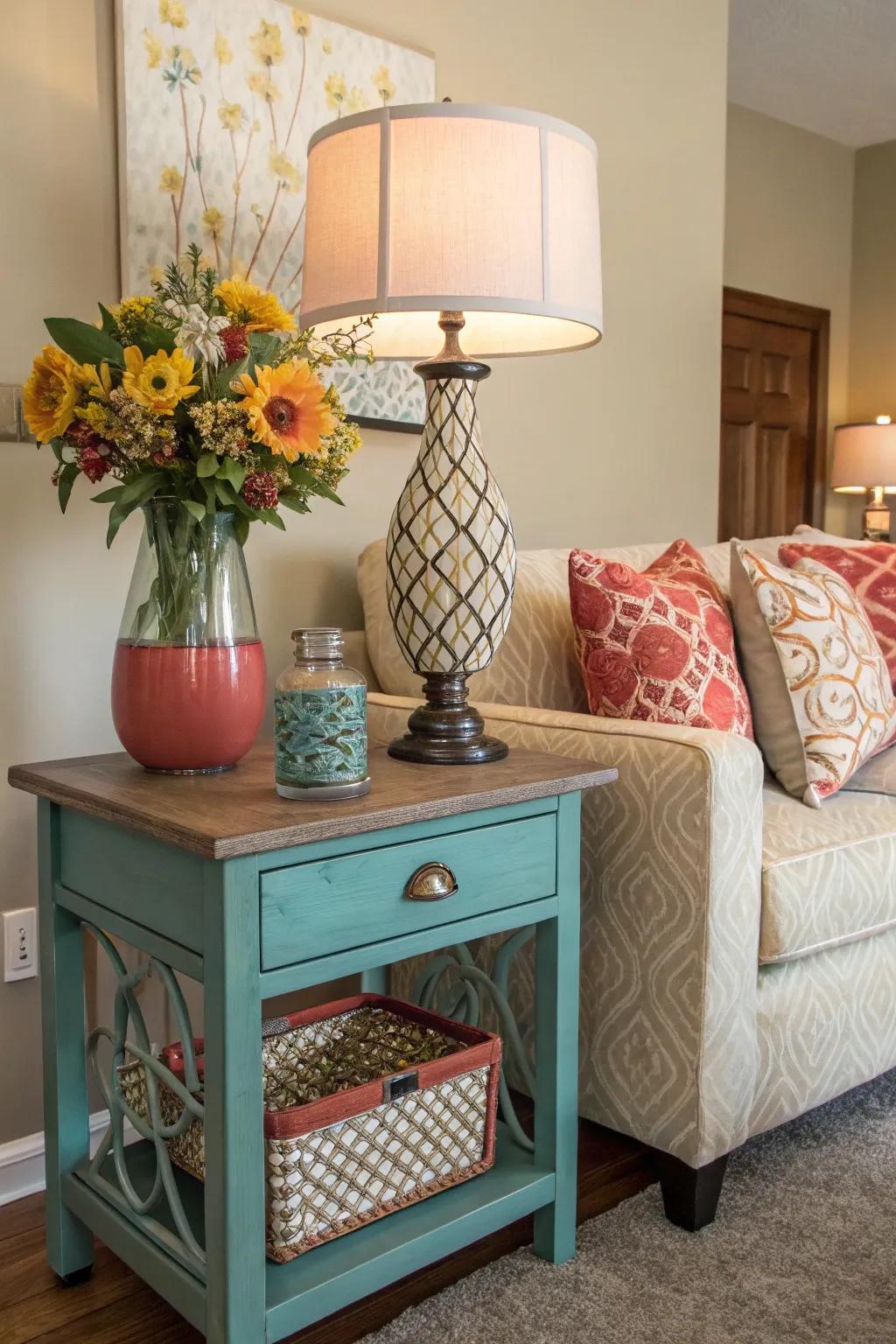 A color-matched side table integrating perfectly with the living room's overall design.