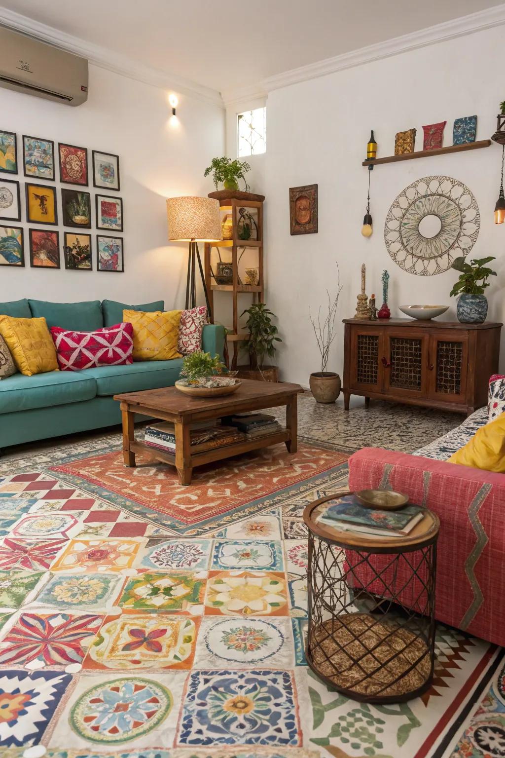 Lively living room featuring vibrant patterned tiles.