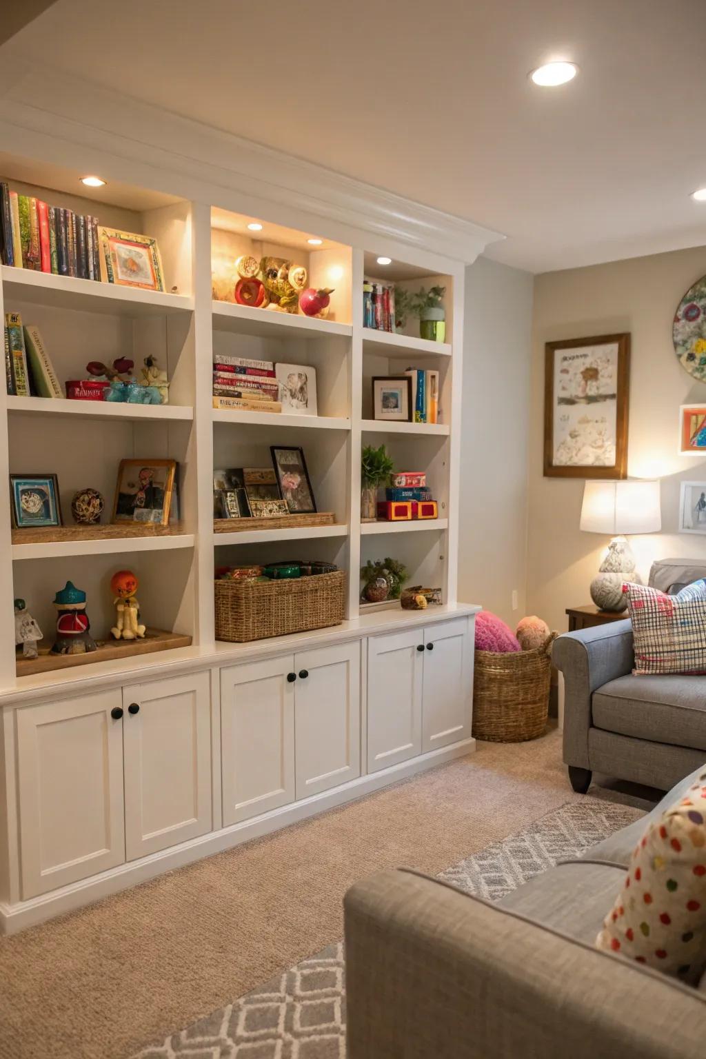 In-wall shelves provide organized and chic storage.