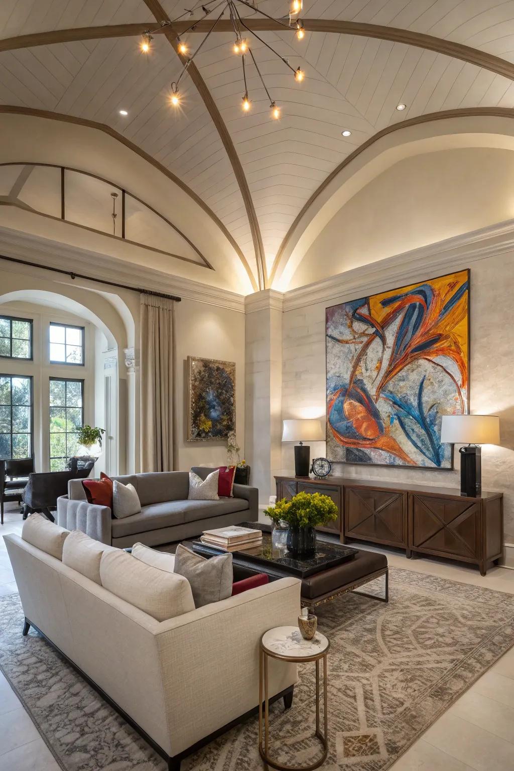 Striking artworks command attention in a vaulted setting.