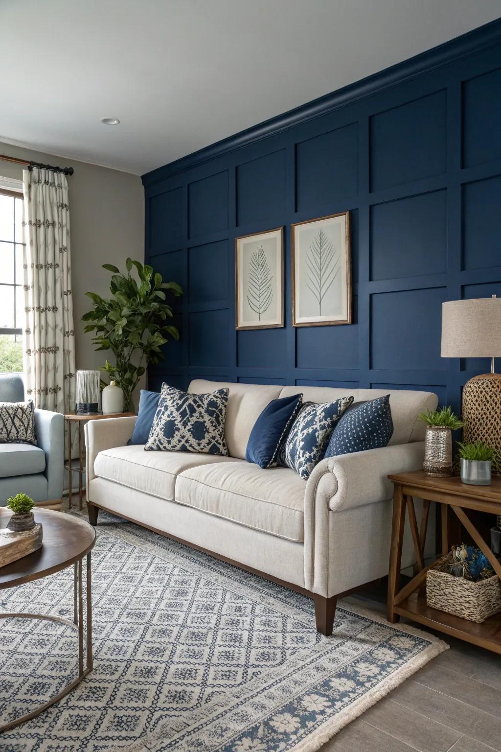 A captivating standout wall in navy introducing depth to the living area.