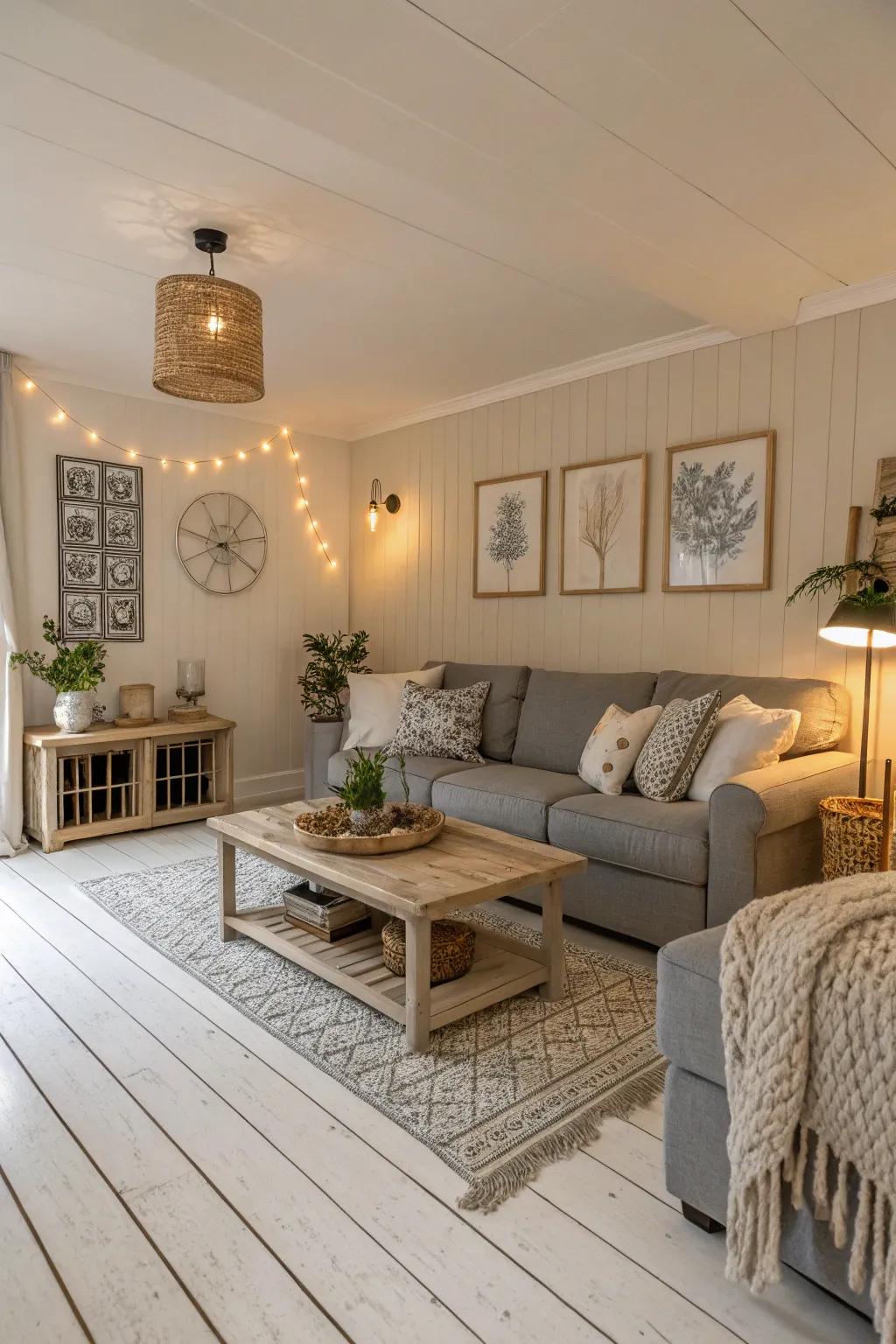 A balanced combination of neutral tones enhances the refined elegance of white wood floors.
