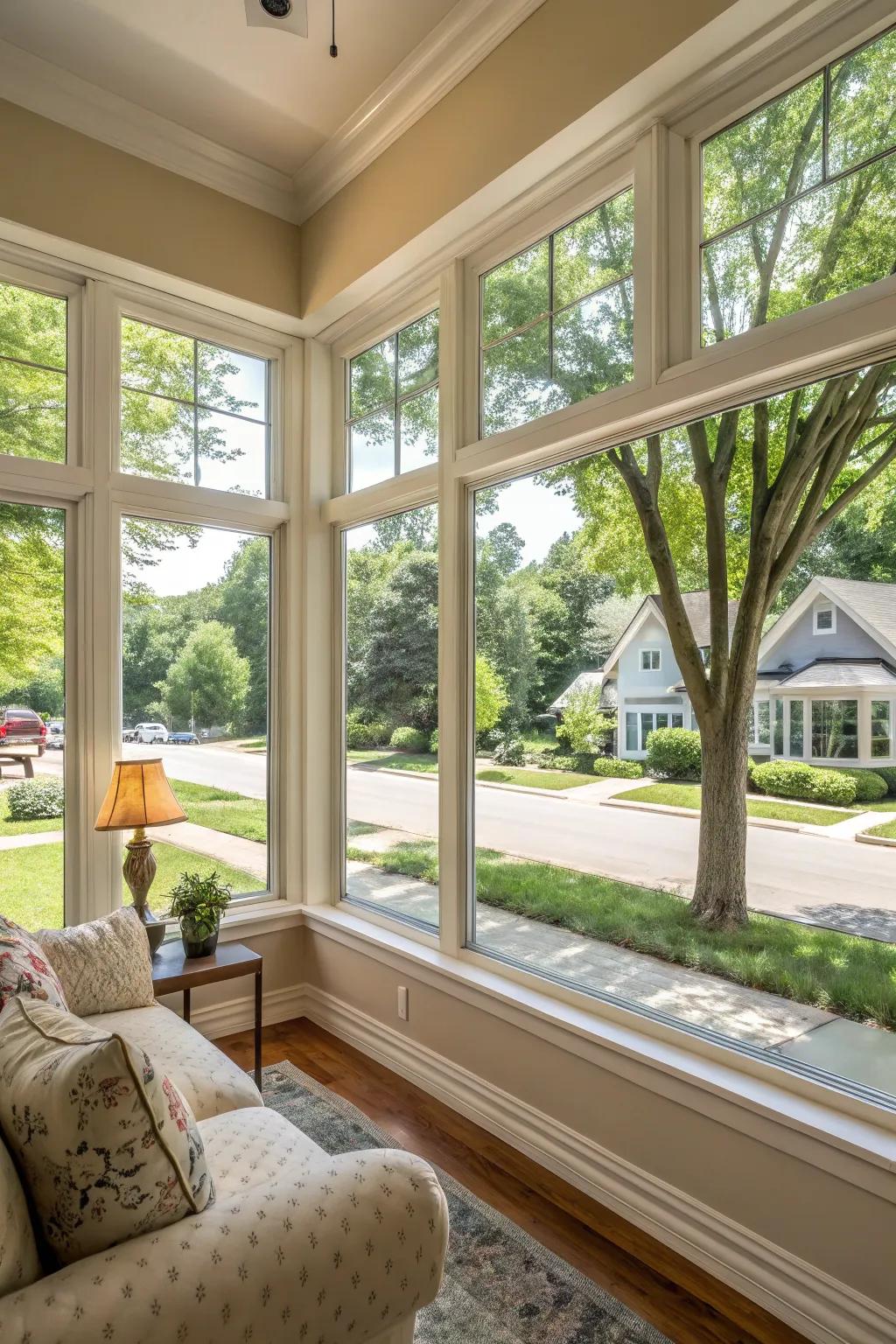 A living area featuring swing windows that invite a refreshing breeze and abundant sunlight.