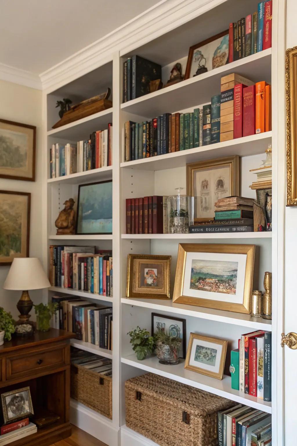 Decorative art brings a personal element to your family room bookshelves.