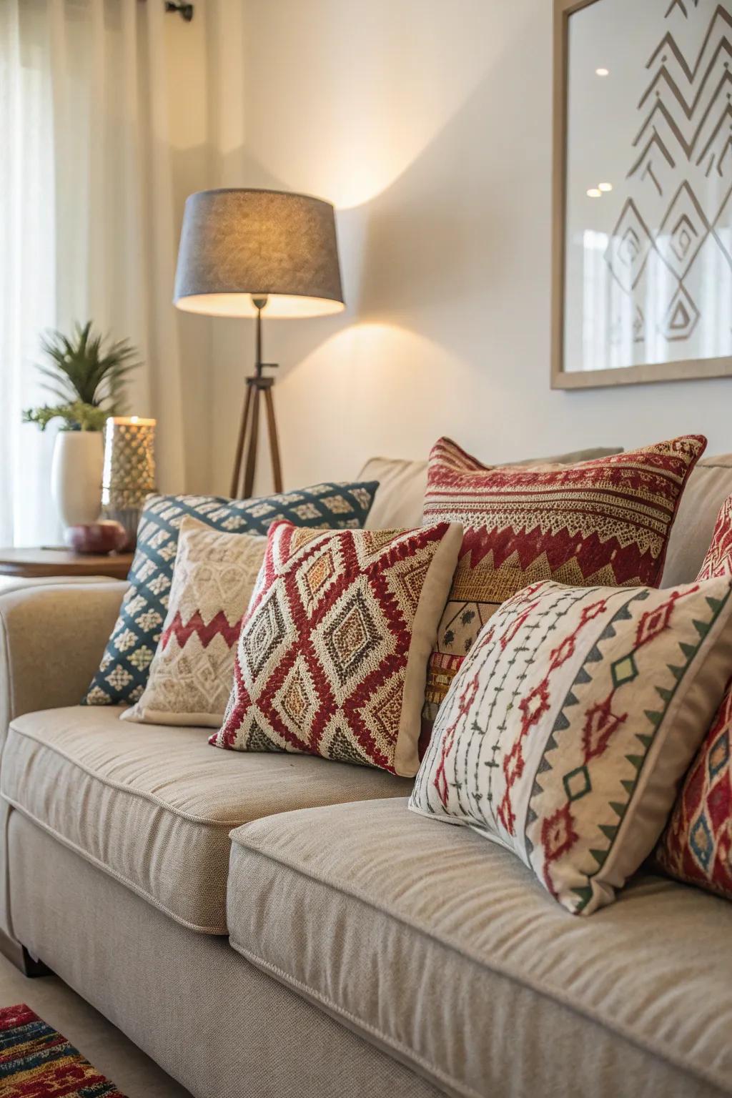 Toss cushions are an effortless approach to revamp your couch with color and material.