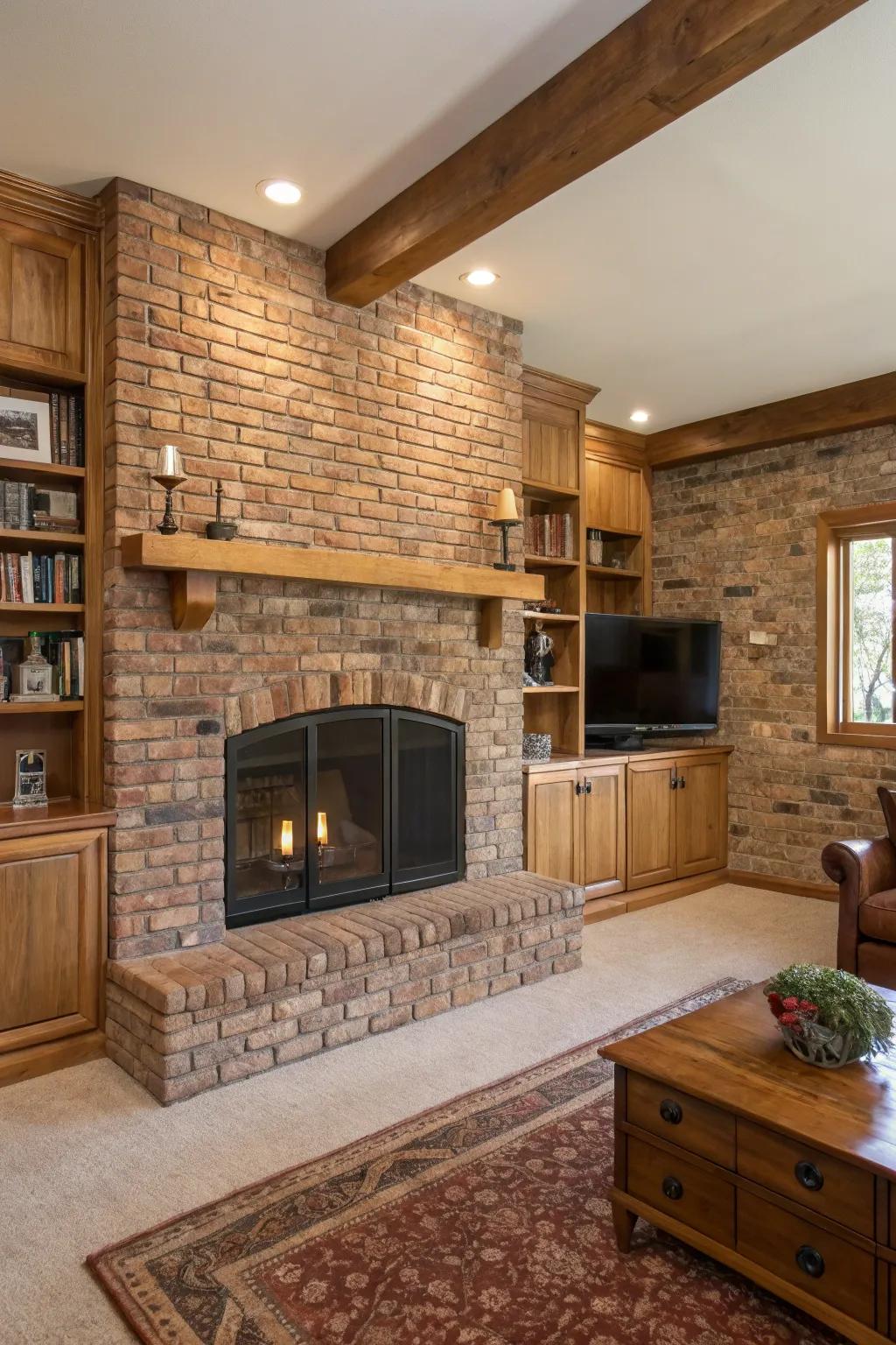 A brick-clad fireside with striking natural wood elements, creating a captivating focal point.