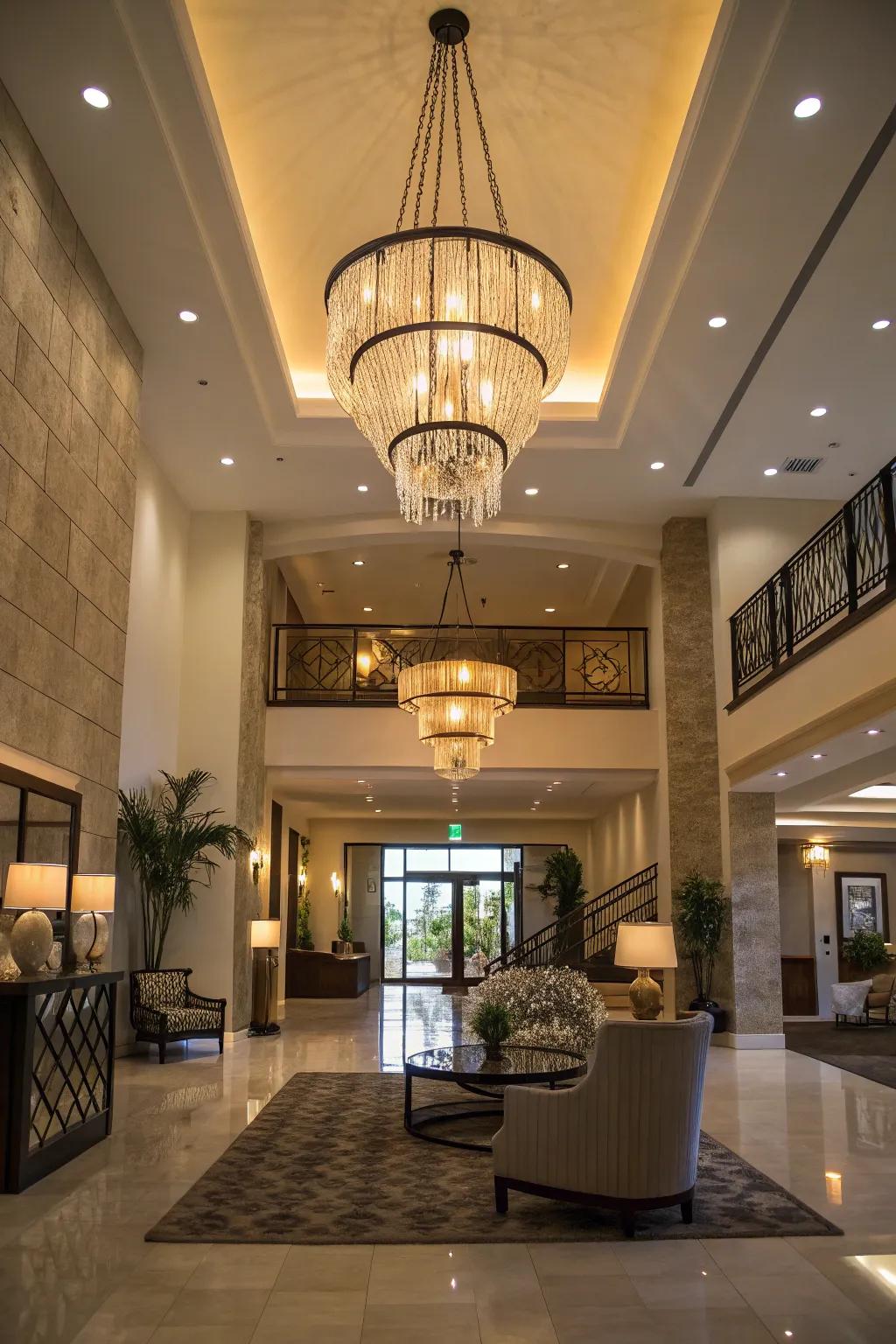 A foyer illuminated by an artful chandelier