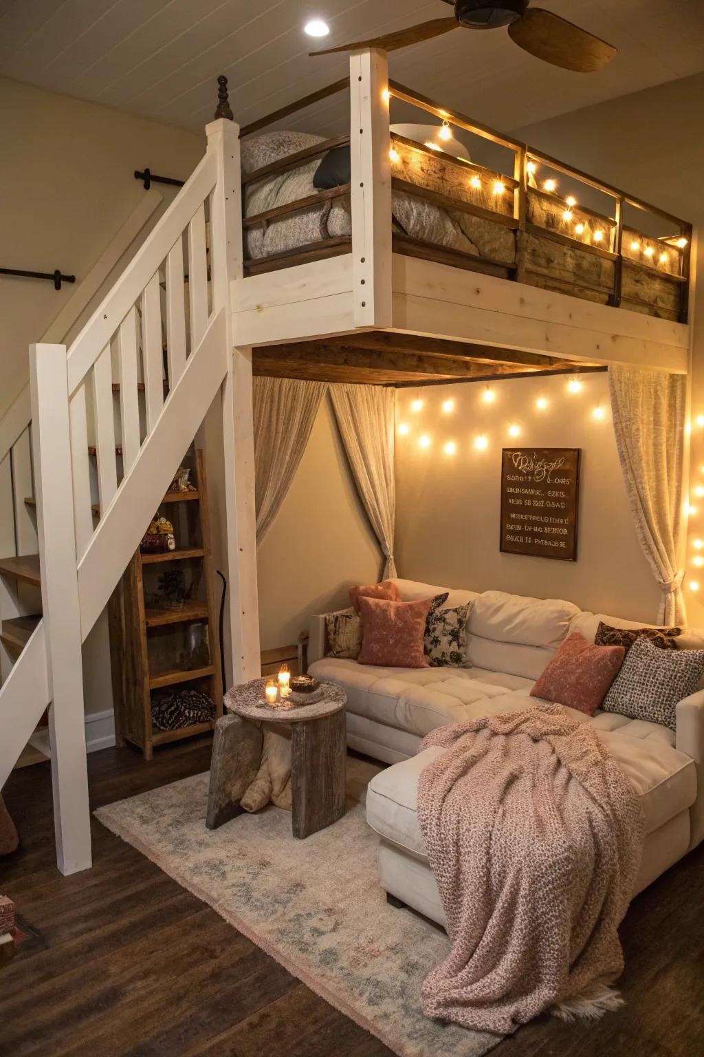 Create a relaxing space beneath your loft bed for ultimate comfort.