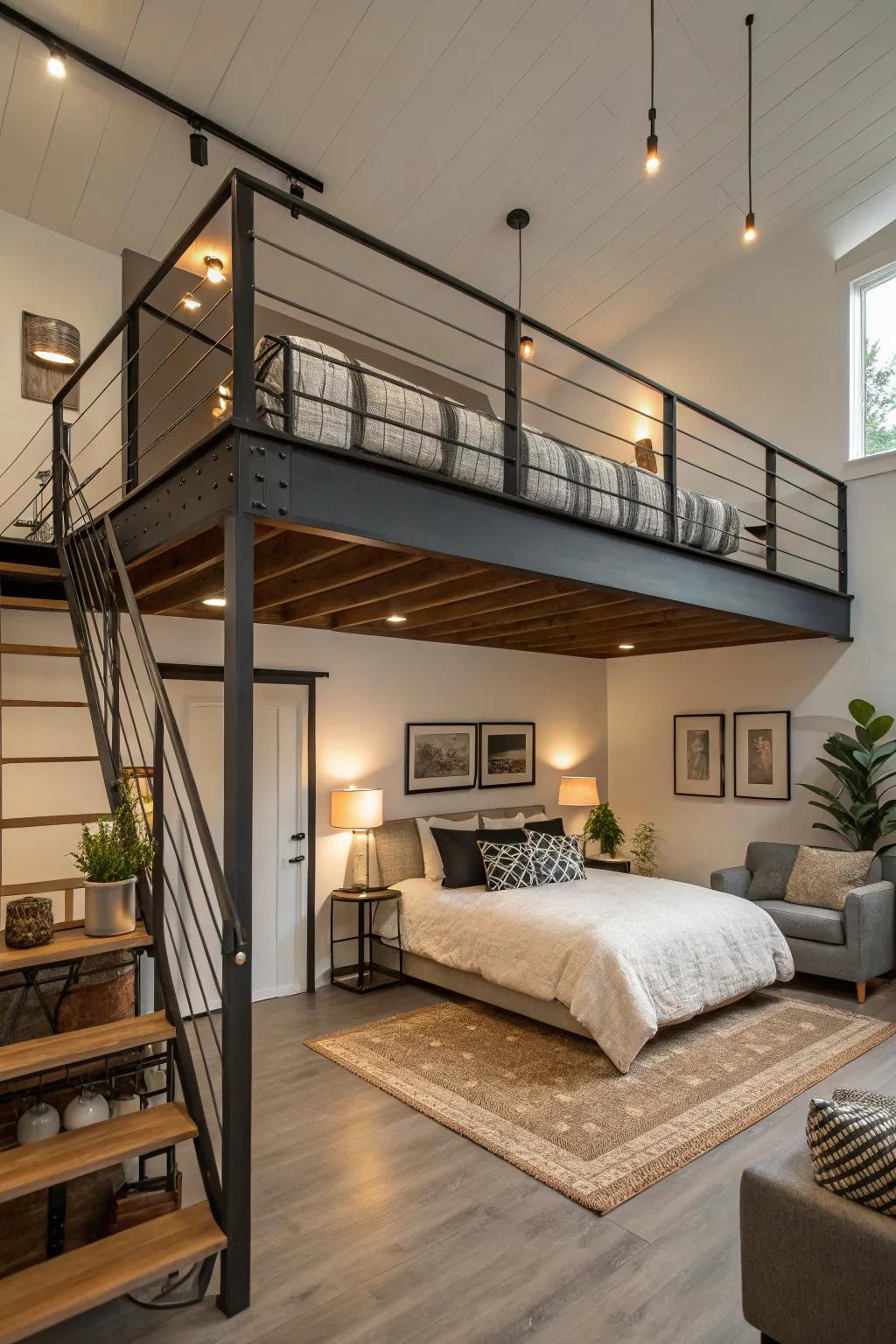 A chic raised platform enhances depth and utility.