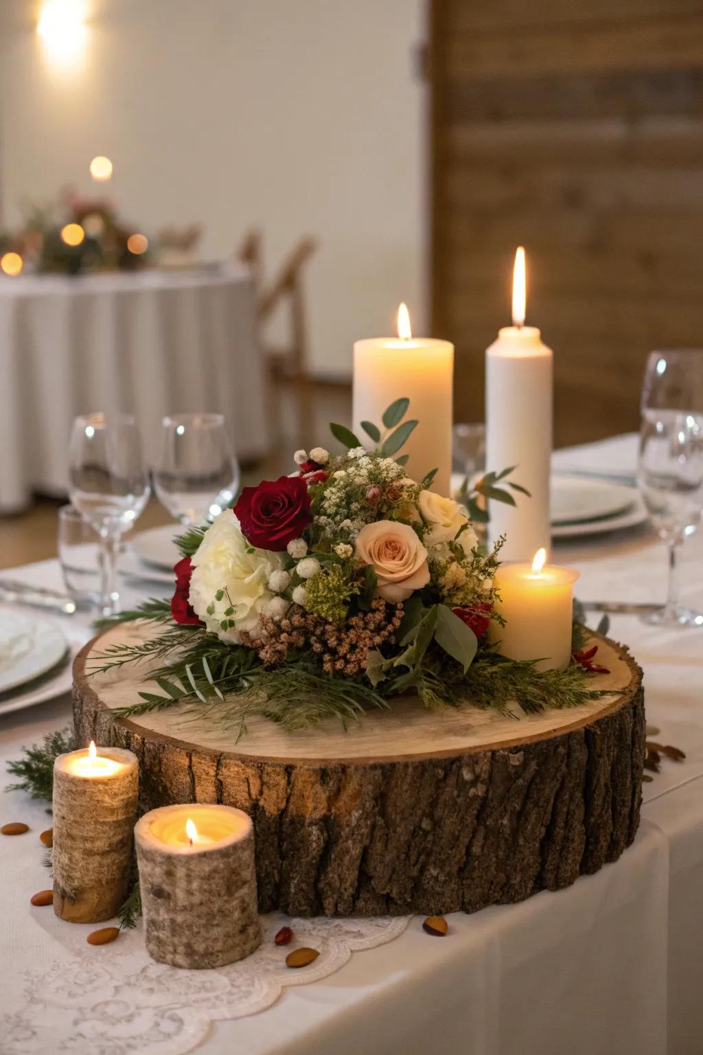 A feasting table showcasing a country lumber centerpiece.