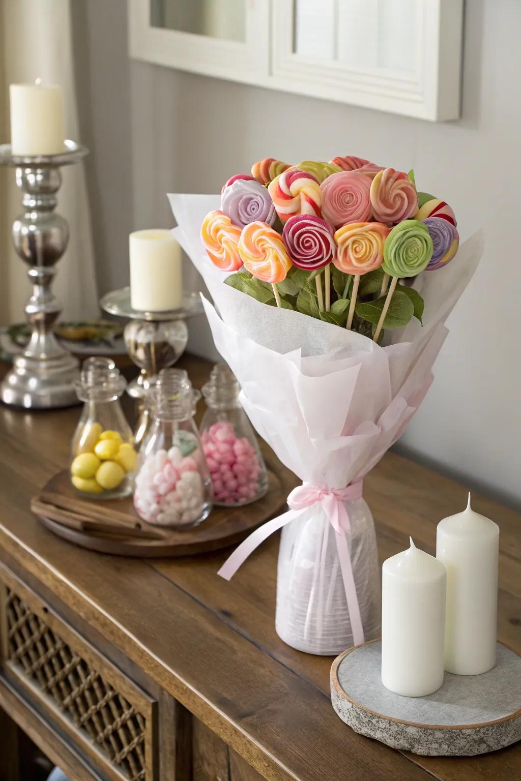 A sophisticated sweet treat blossom arrangement enveloped in delicate paper