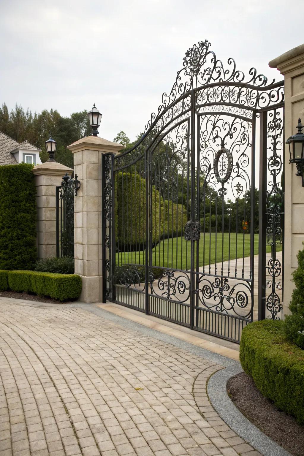 Grand gates frame the entrance, infusing a hint of refinement into the driveway.