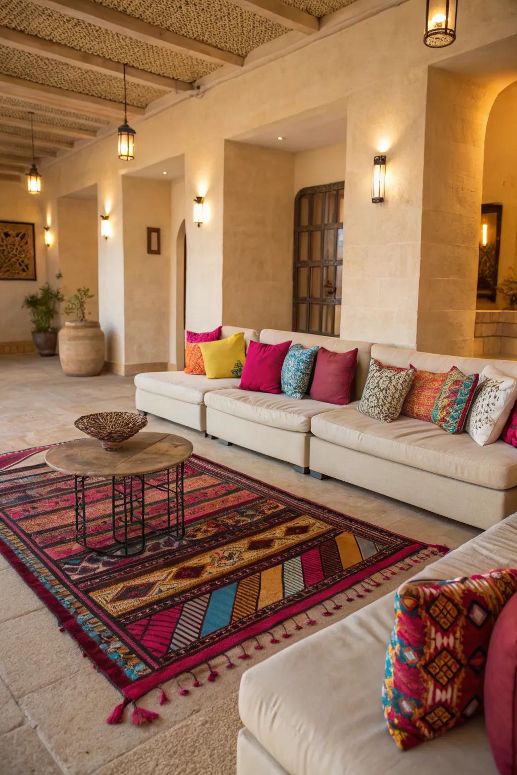 Vibrant accents enliven a subdued lounge arrangement.