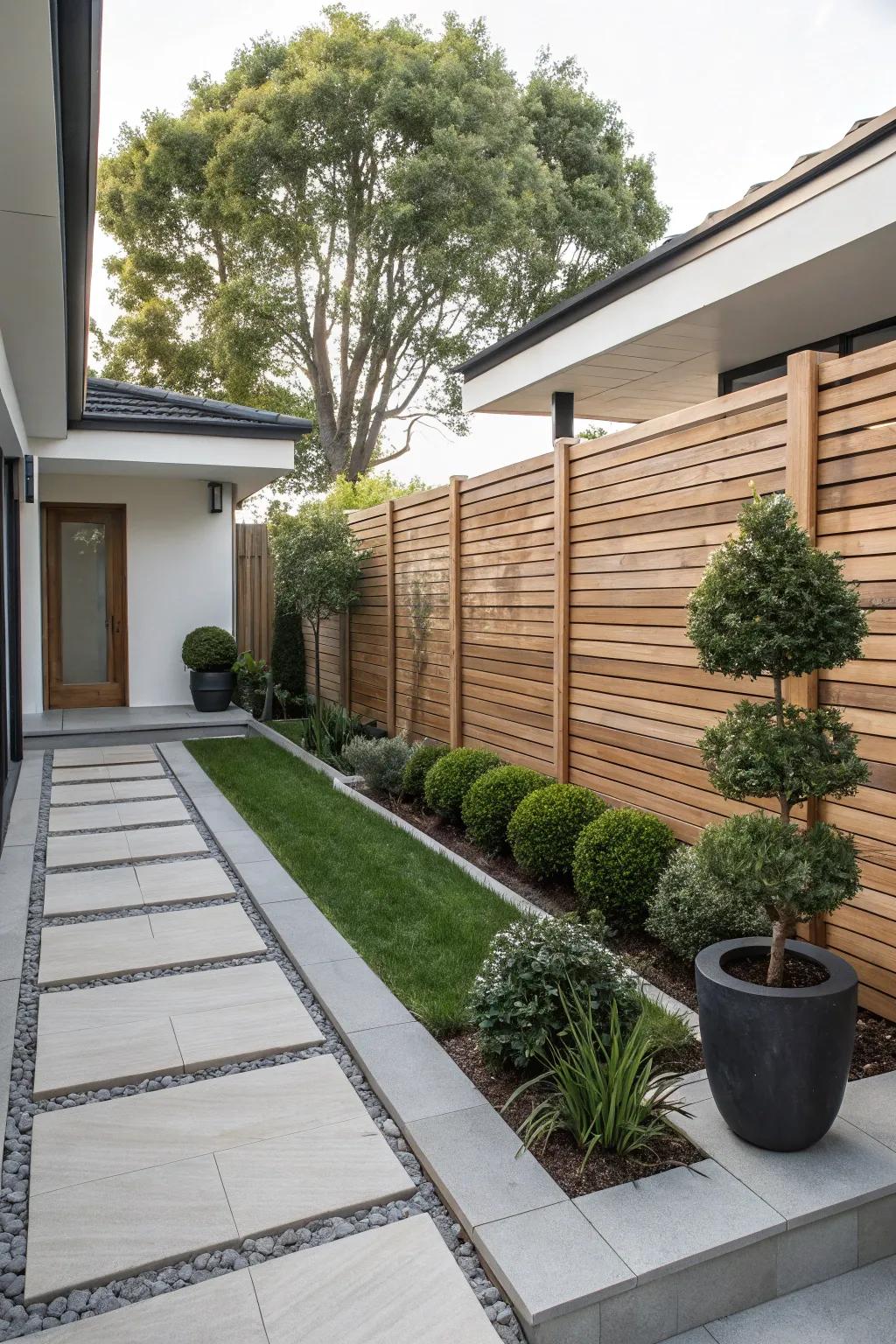 A modern horizontal slat fence complements the minimalist design of this front yard.