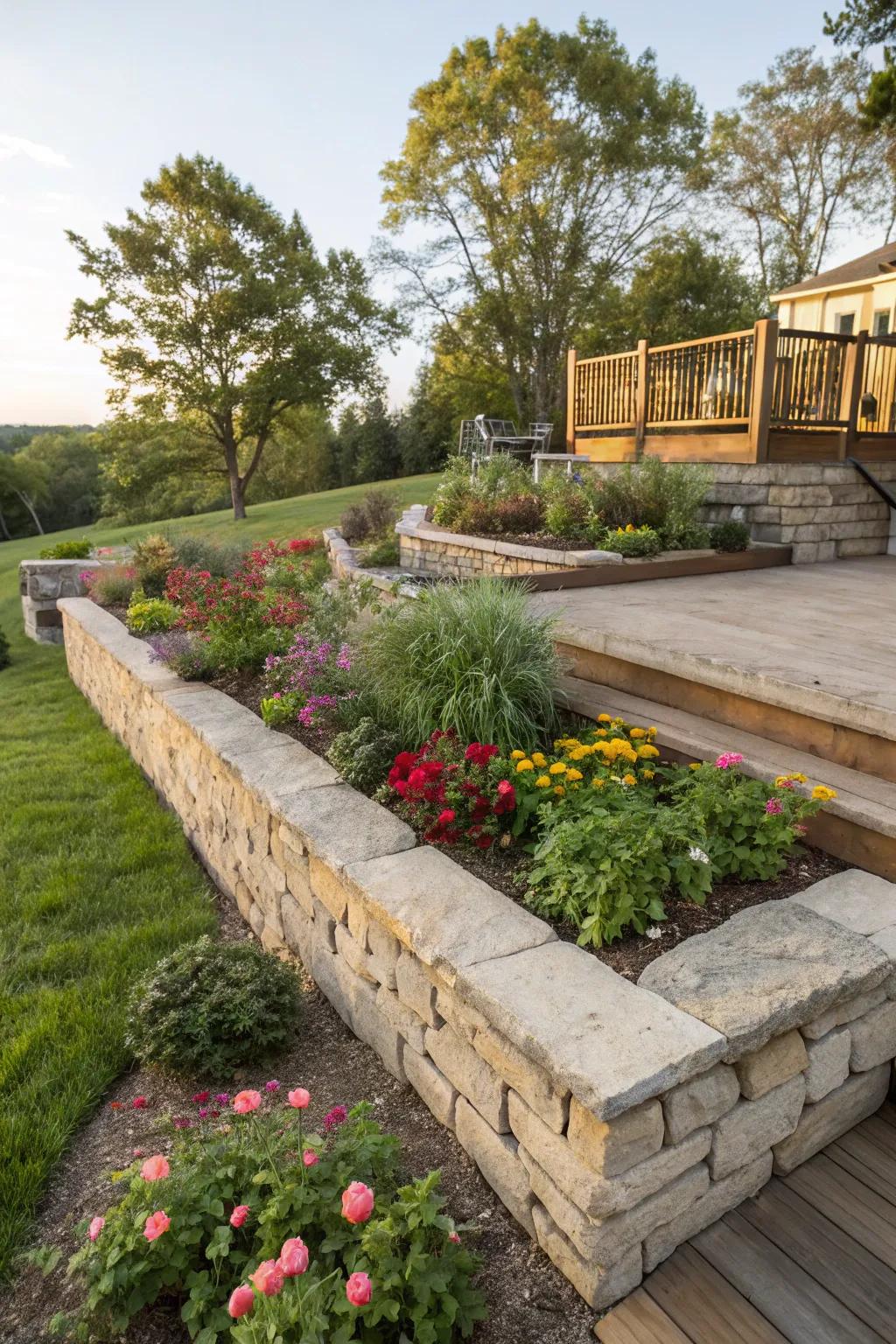 Garden spaces featuring stone bordering that edges a raised deck.