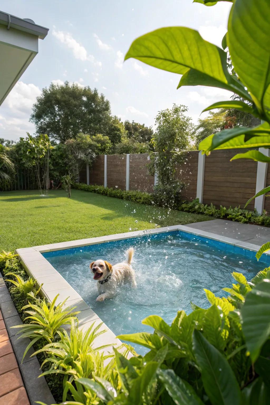 An enjoyable splash pool residing in an animal-friendly garden setting.