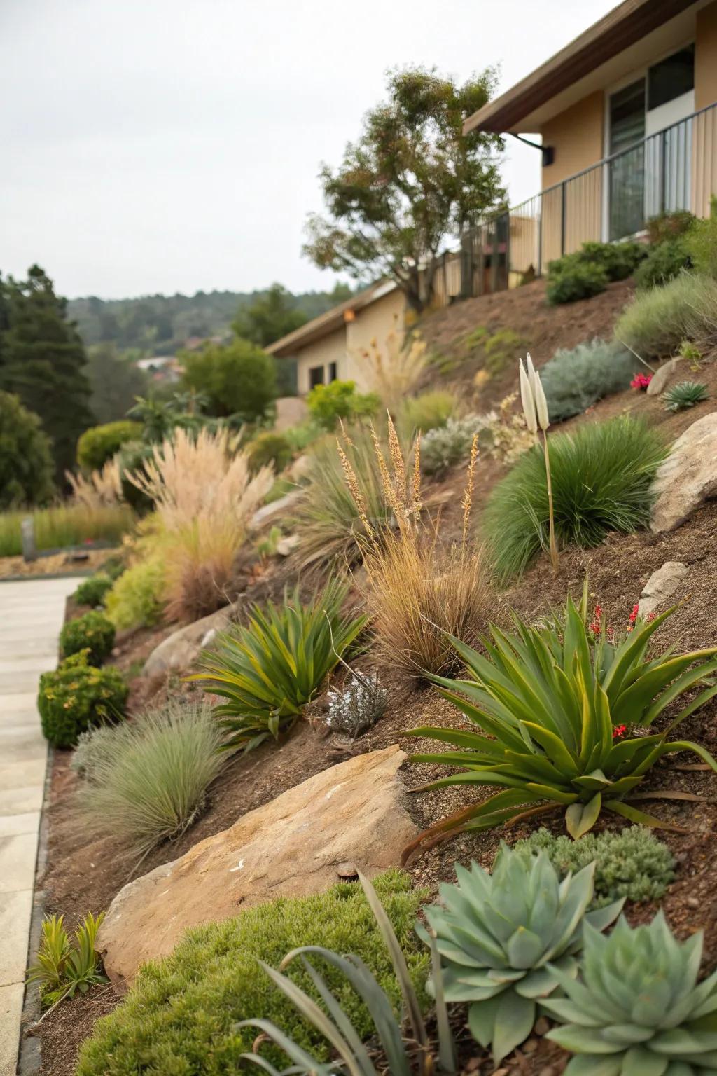 Dry-loving plants bring color and ease to any slope.