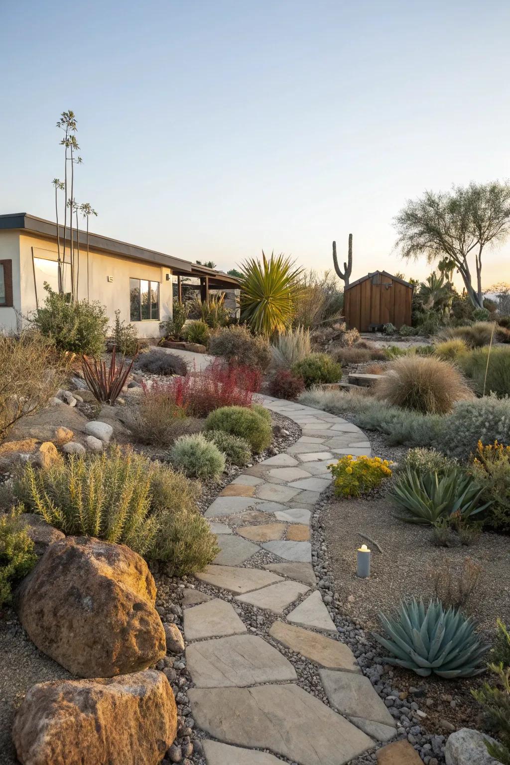 Stone walkways blend functionality with aesthetic charm in a xeriscape front yard.
