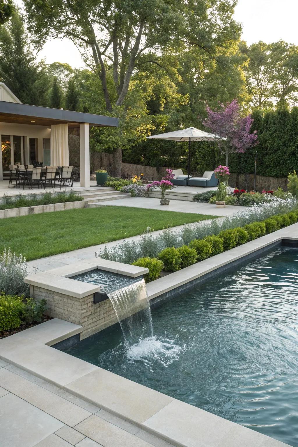 A modern swimming pool complemented by elegant landscaping.