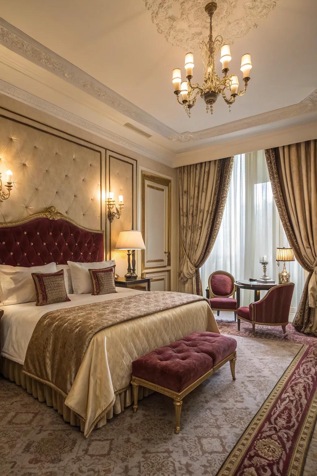 A luxurious bedroom flaunting sumptuous velvet and silk textures.