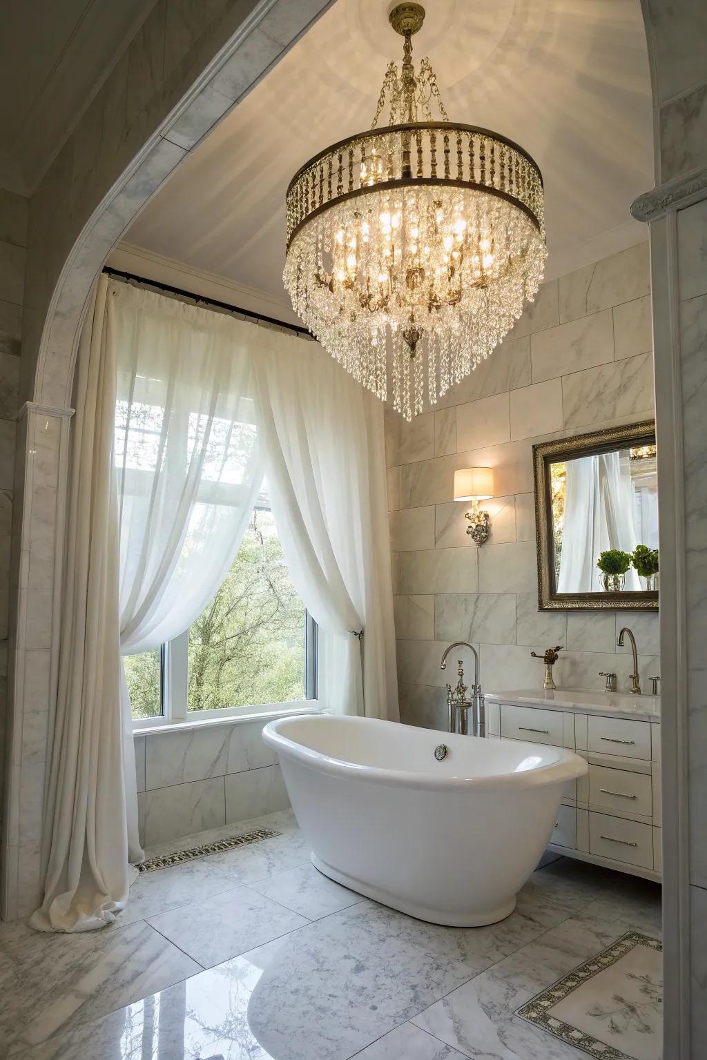 Crystal chandelier adding elegance to a modern bathroom.