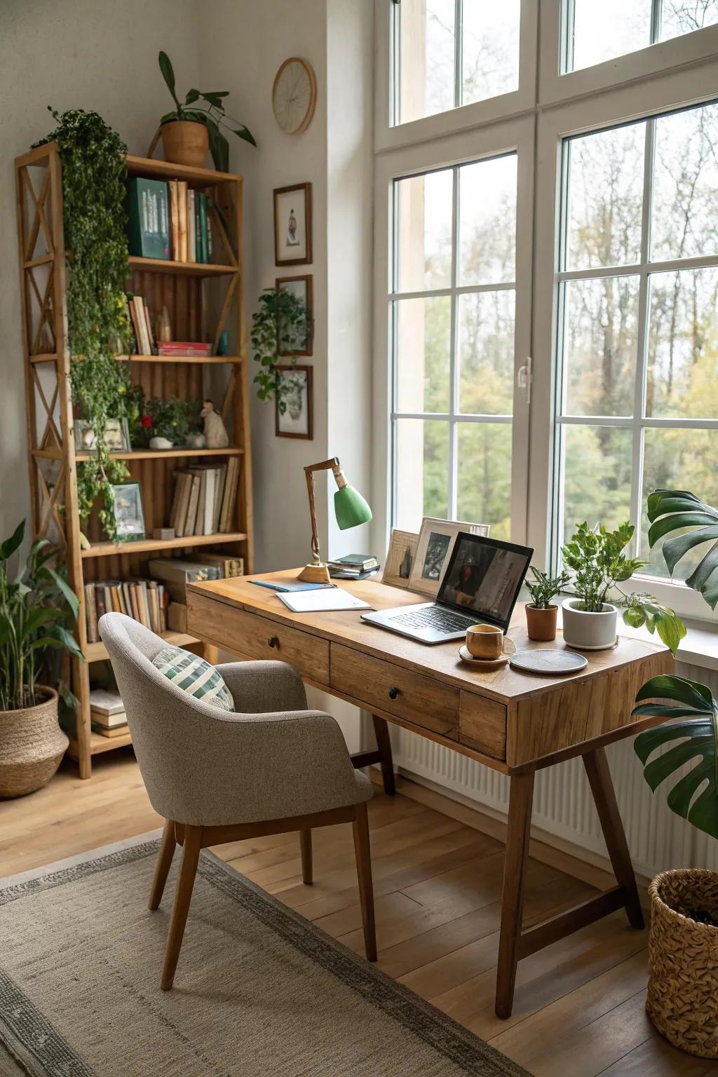 A bright home office saturated with natural light streaming from expansive windows.