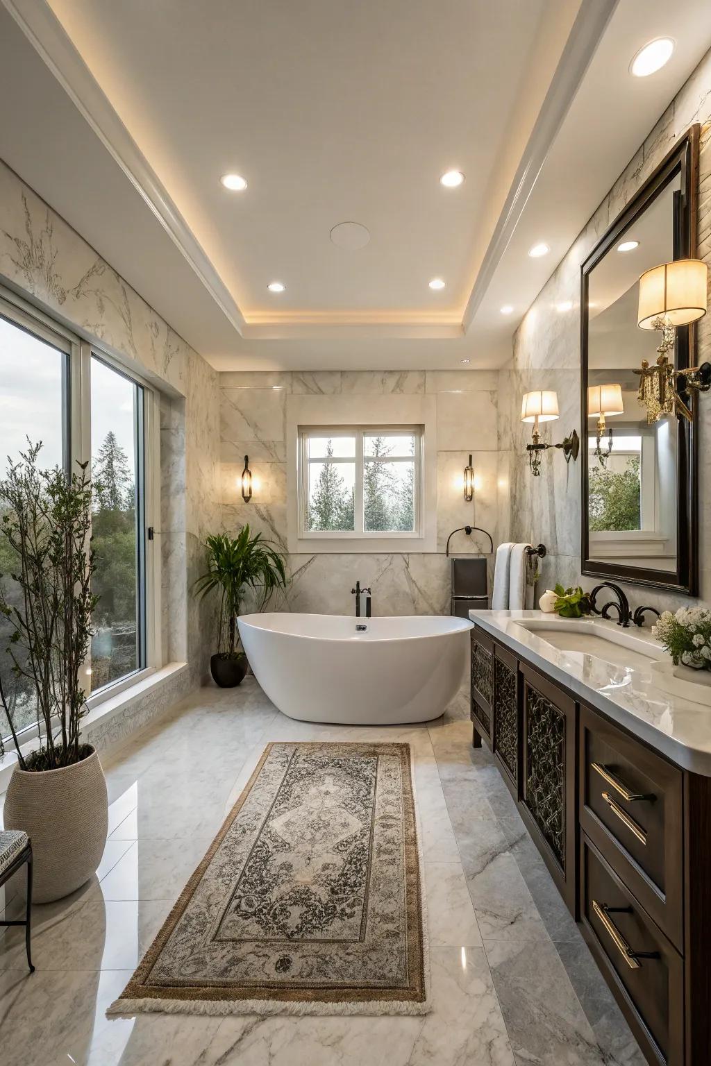 A modern master bathroom highlighting a freestanding tub as the central attraction.