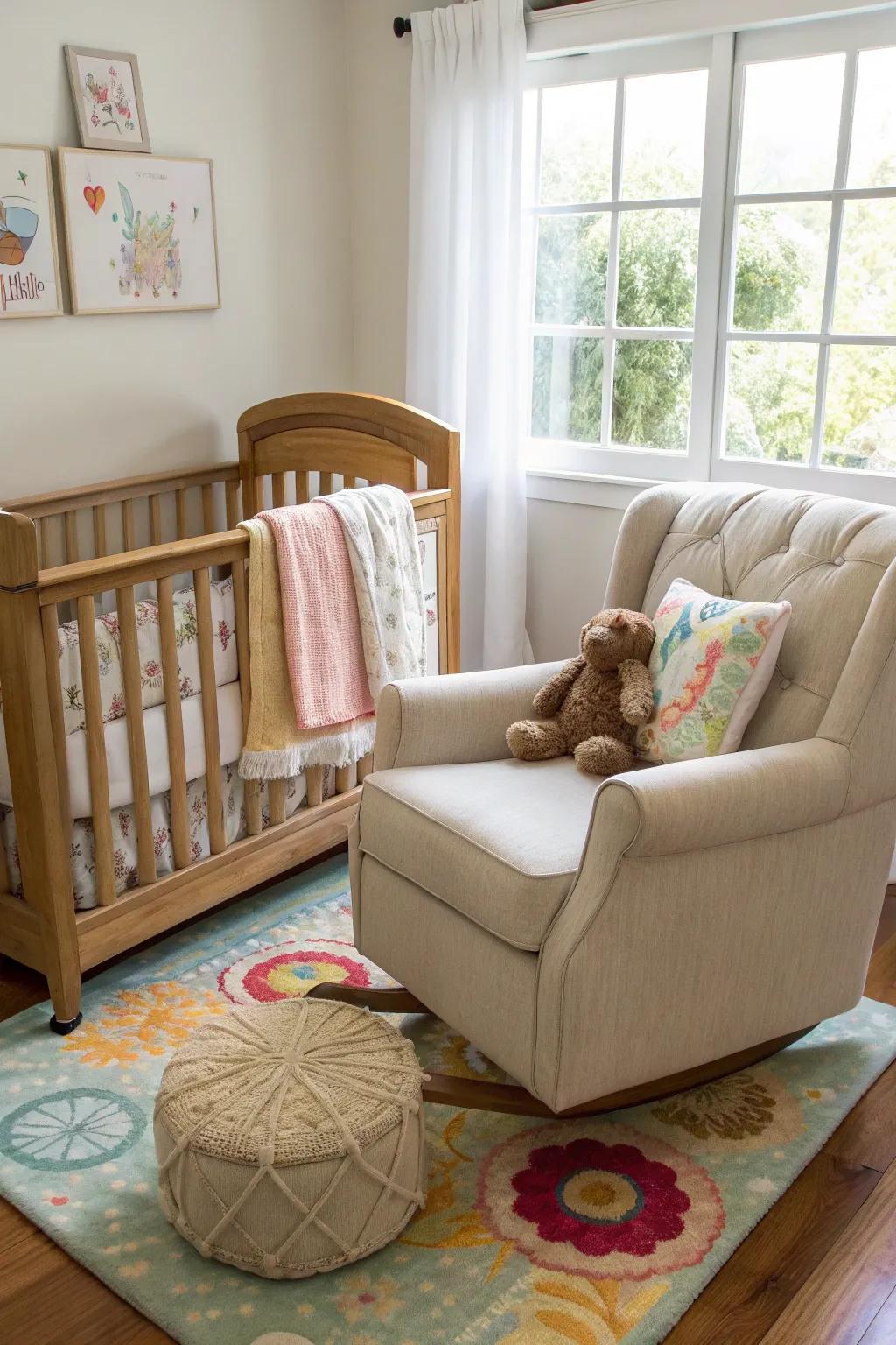 A sophisticated nursery featuring an elegant wood crib and a plush rocking chair.