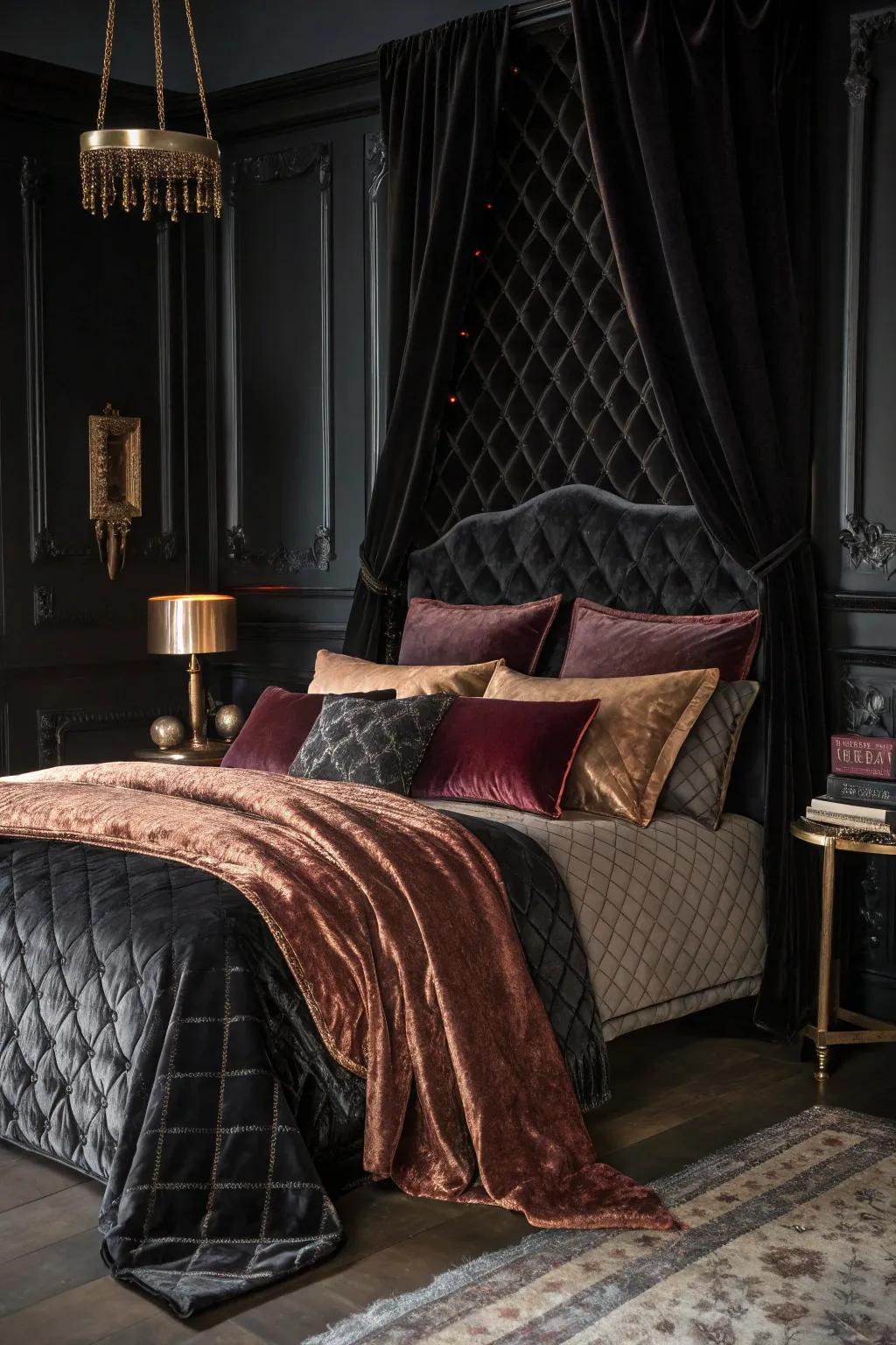 Lush velvet and silk fabrics establish a relaxing, welcoming atmosphere in this onyx bedroom.