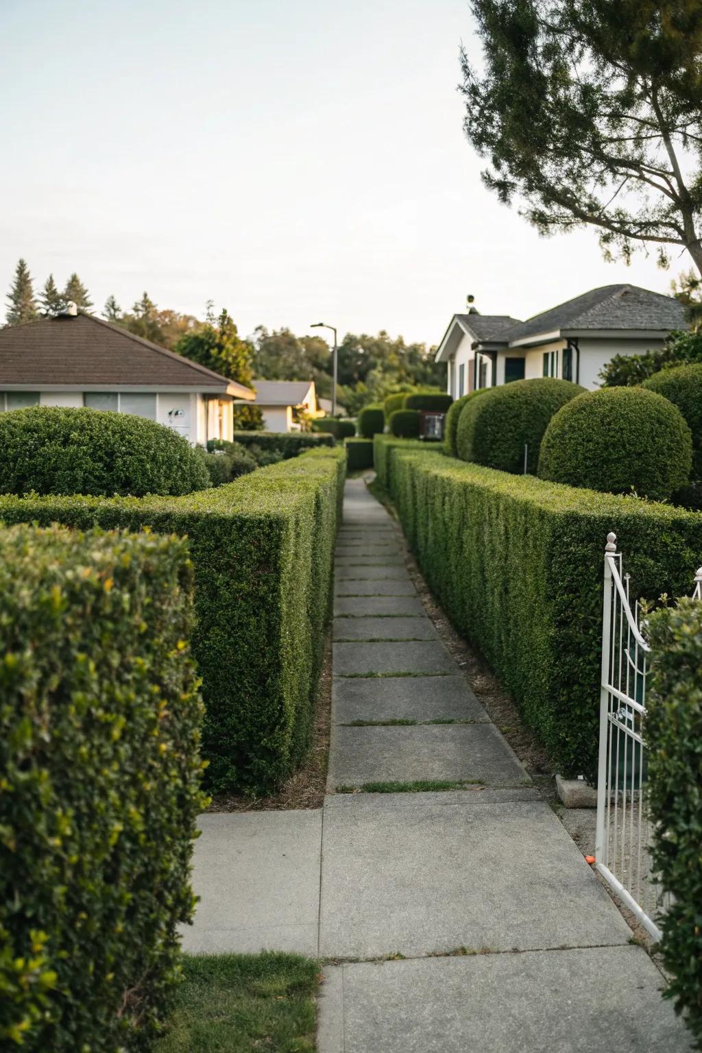 Neatly kept hedges leading towards the entrance.