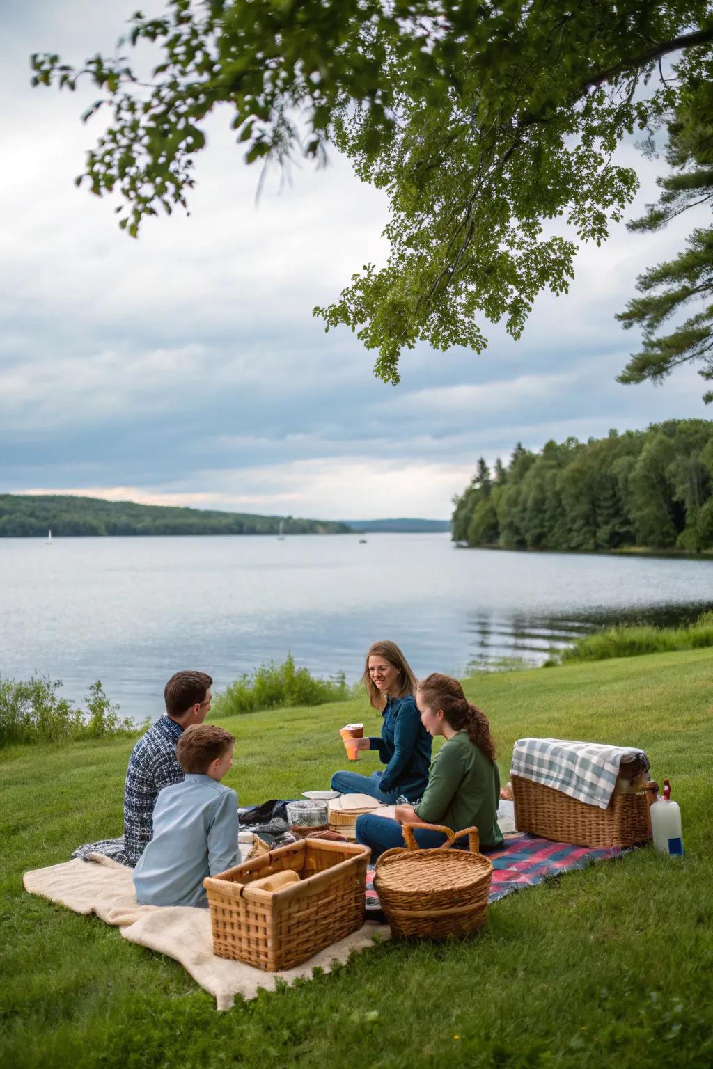 A serene lakeside picnic haven in Maine.