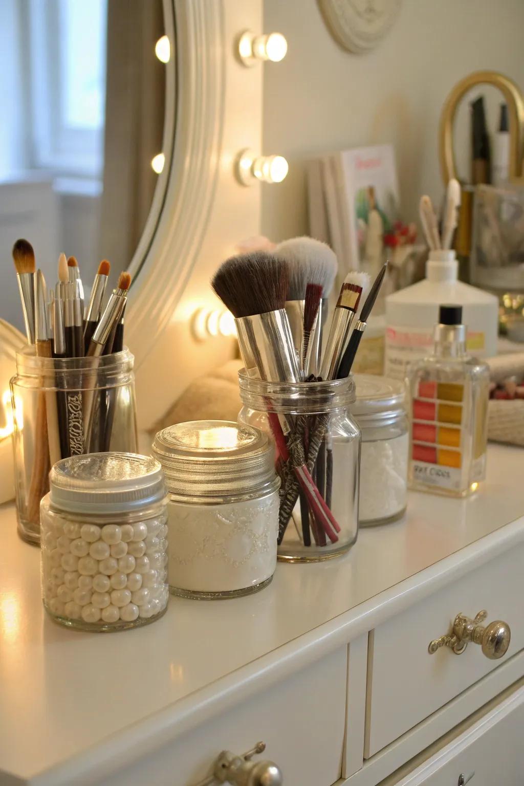 Repurposed glassware delivers an eco-friendly yet fashionable method to arrange your brushes.