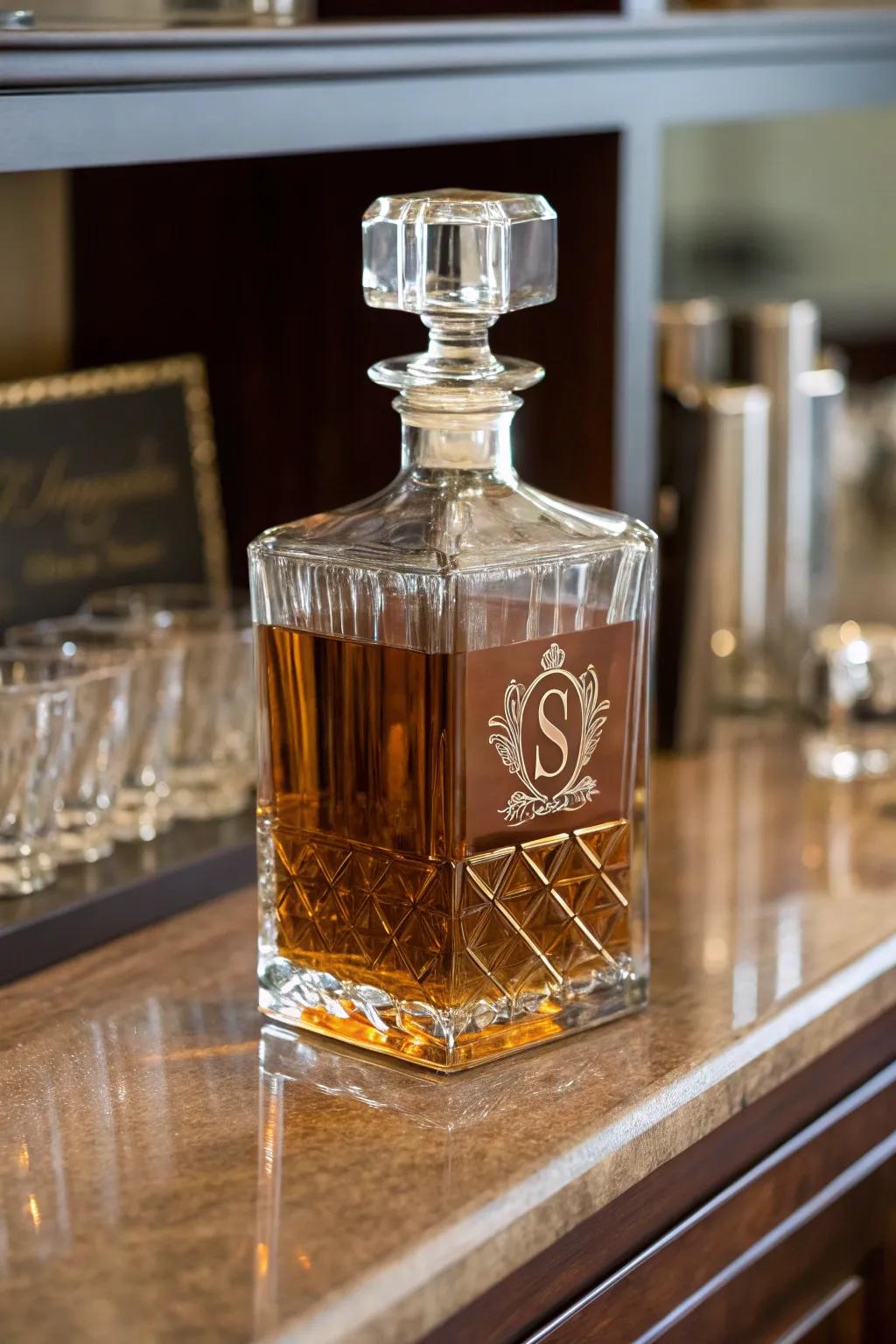 A bespoke whiskey carafe introduces an element of refinement.
