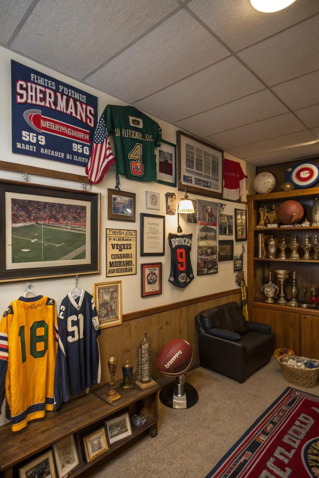 A man cave adorned with personalized thematic decorations.