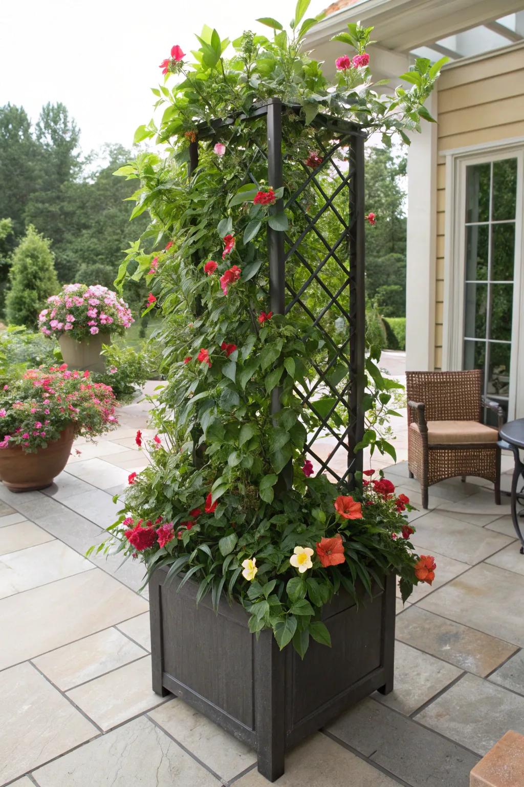 A container support brimming with blushing trumpet vine infuses vibrancy and charm into any patio setting.