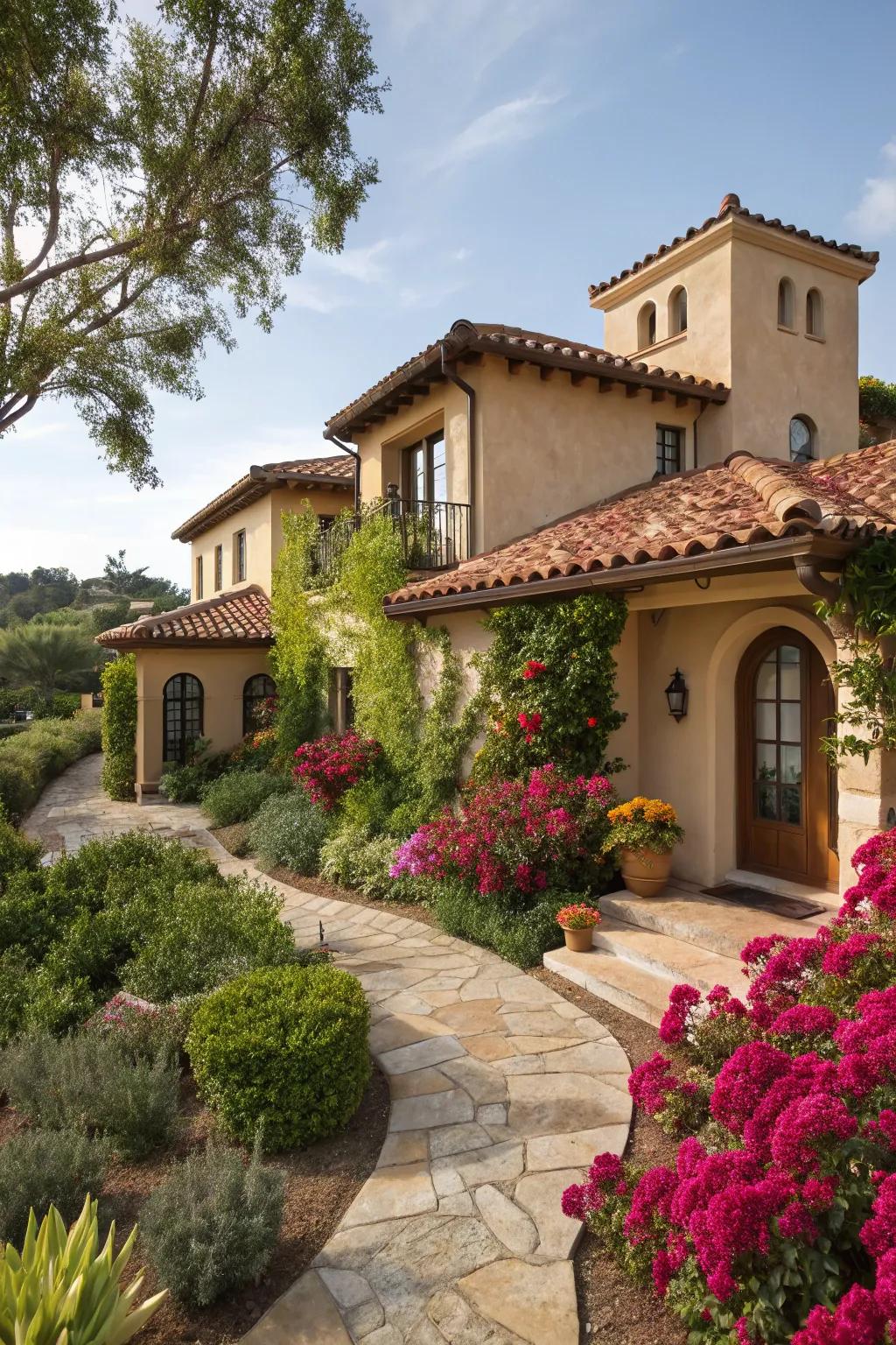 Curved tiles bring a Mediterranean ambiance to this mansard roof.