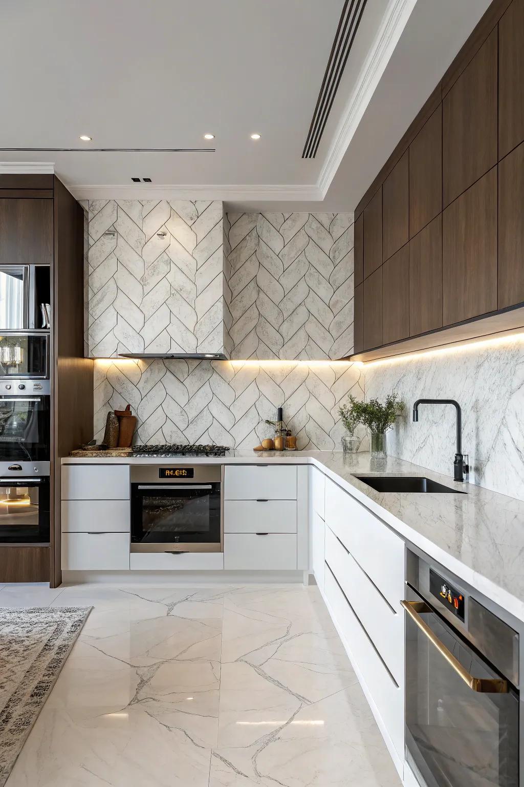 A refined pattern graces a marble backsplash within a contemporary kitchen layout.