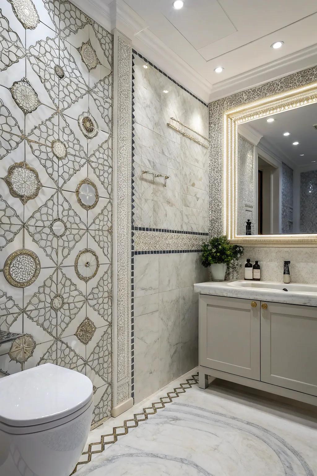 Elaborate stone pixels inject character and interest into this bathroom.