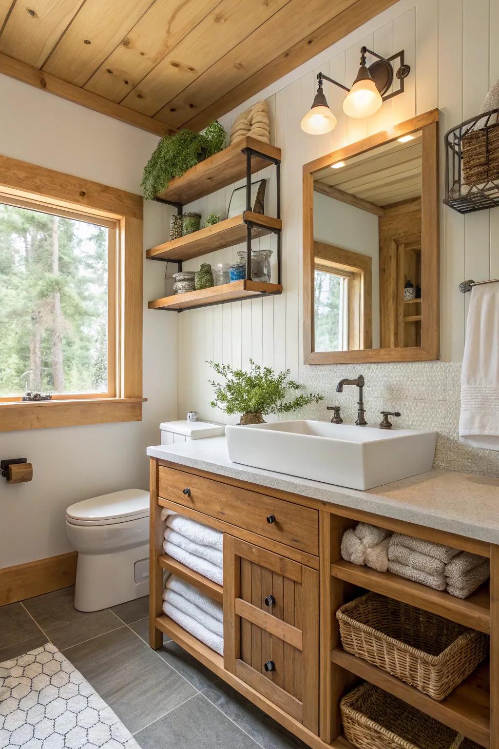 Timber shelving imparting warmth and texture to the lavatory.