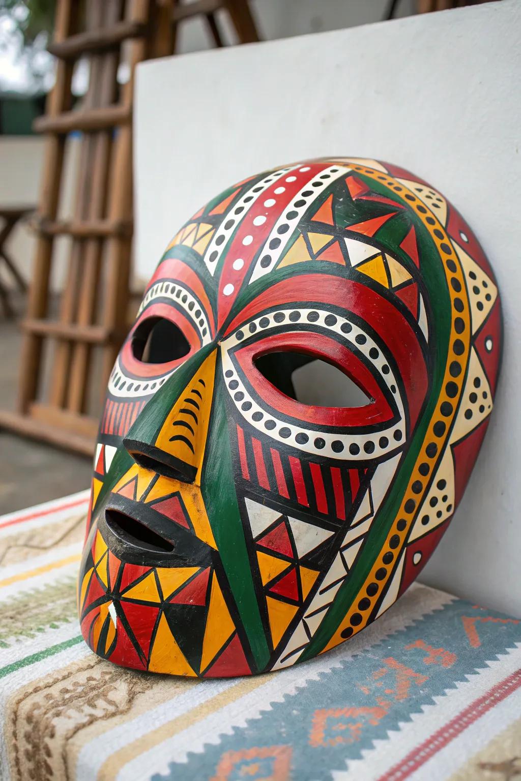 Geometric artistry infuses masks with modern charm.