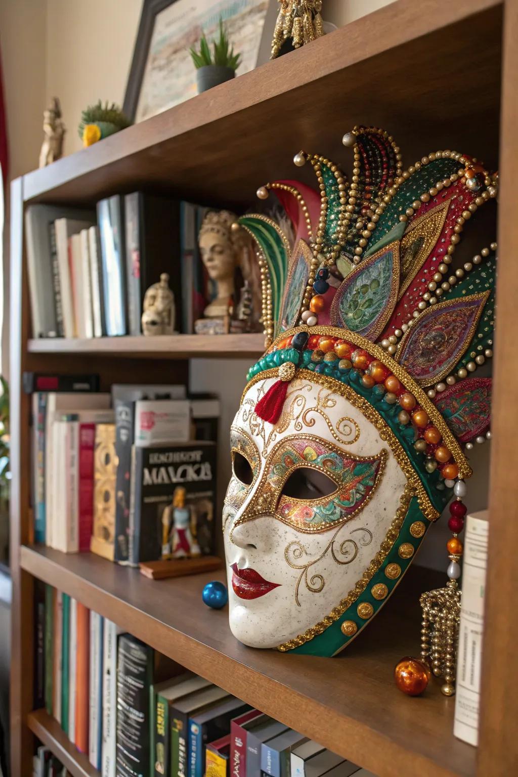 A mixed-material mask artwork brimming with texture and dimension.