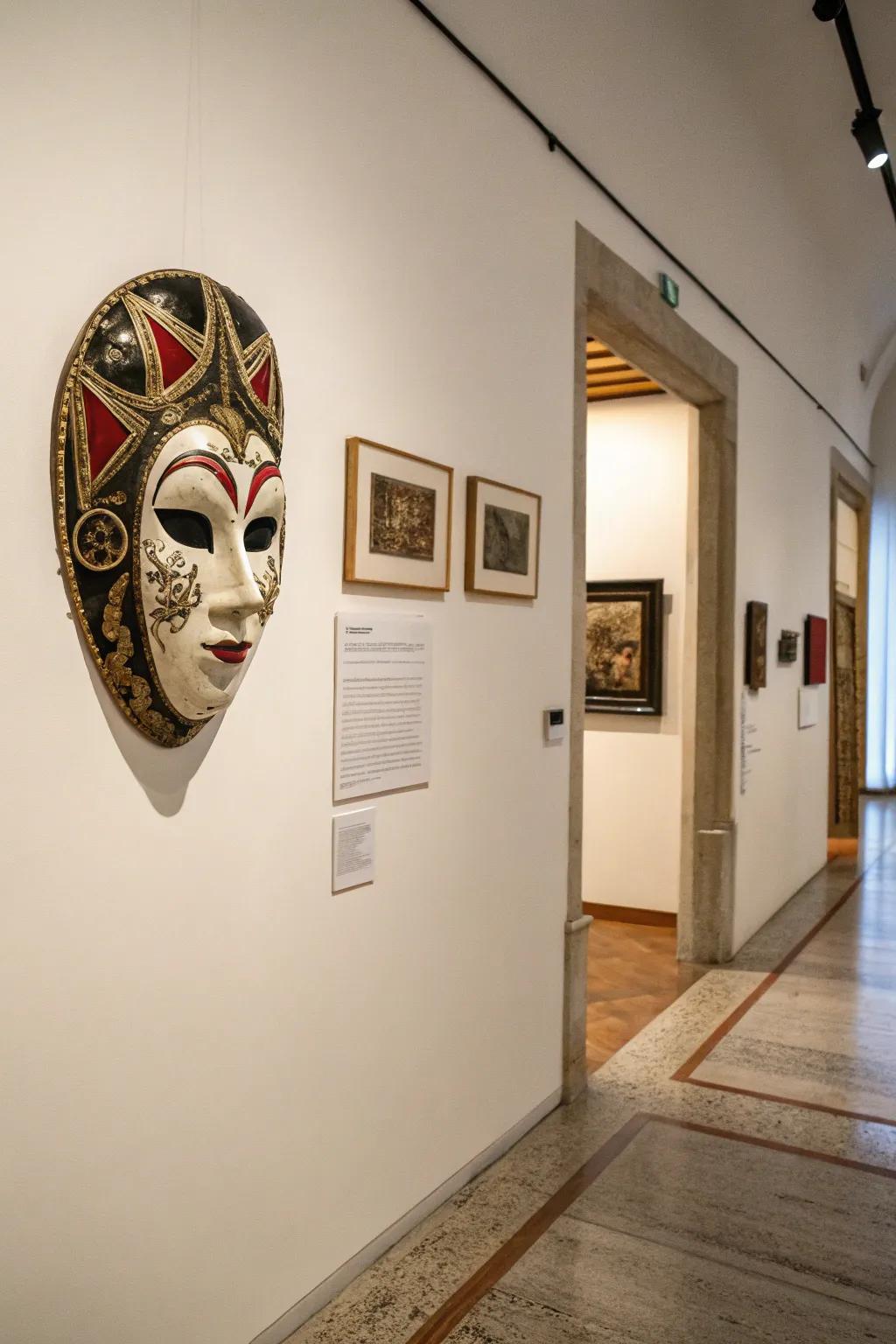 An individual mask showcased as an artwork generates a gallery-esque atmosphere.