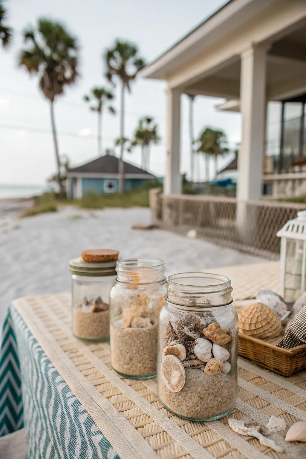 Seaside-stimulated quart container centerpieces with ground and shells.