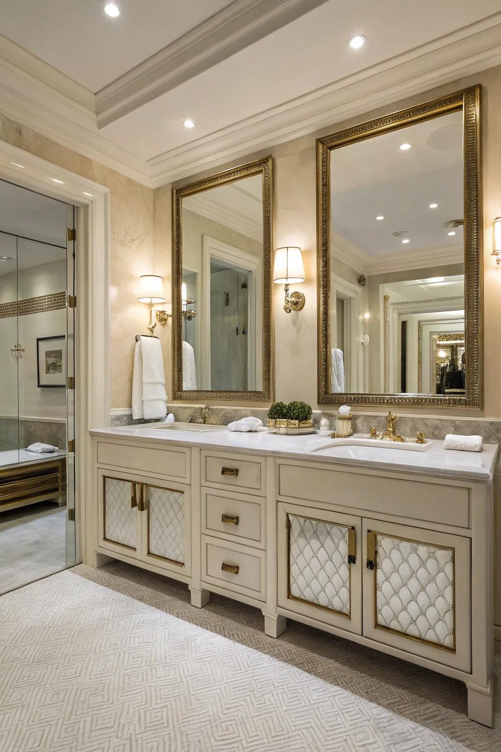 Elegant bathroom showcasing dual vanities paired with elegant mirrors.