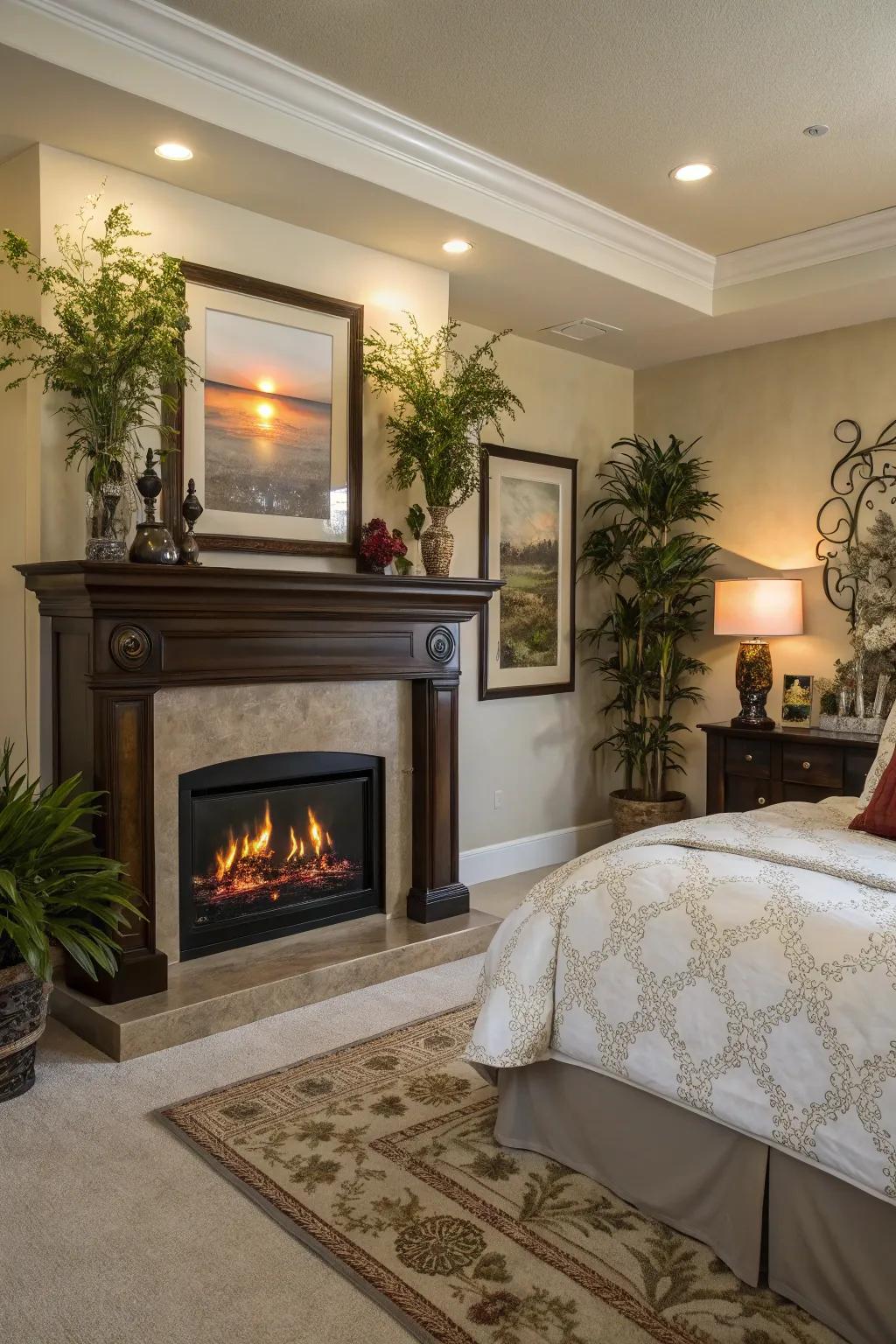The room's decor is elevated with an electric fireplace seamlessly integrated with art and plants.