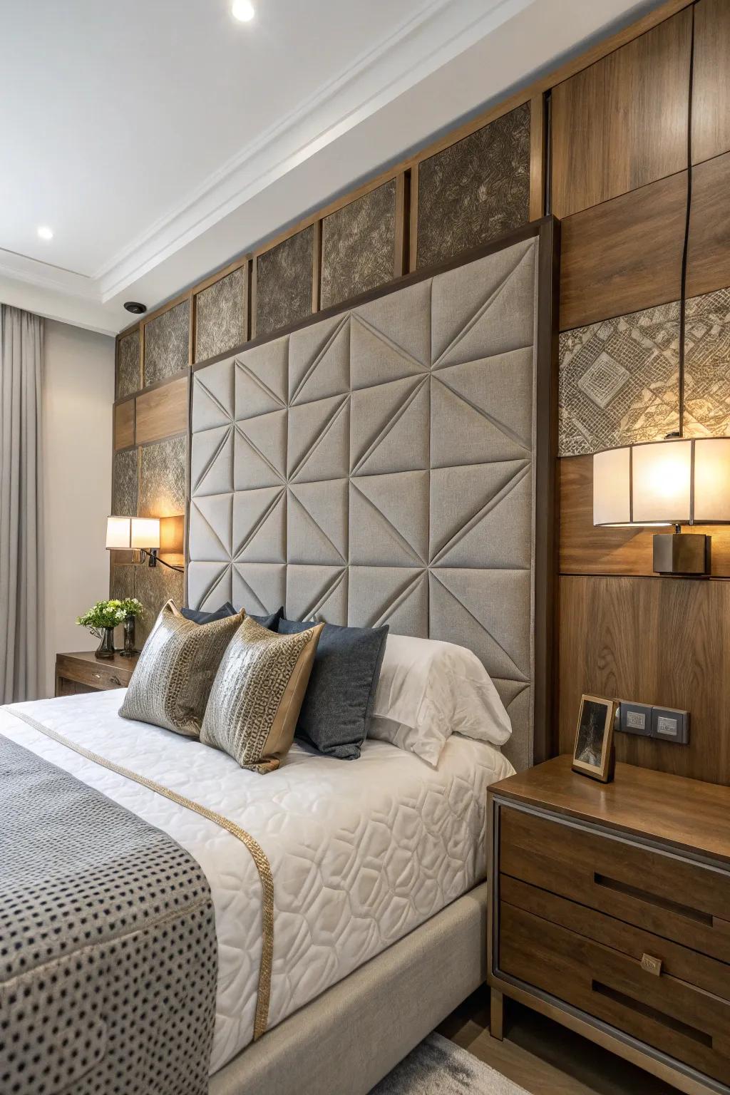 Introduce depth and intrigue with a headboard wall made of assorted materials.