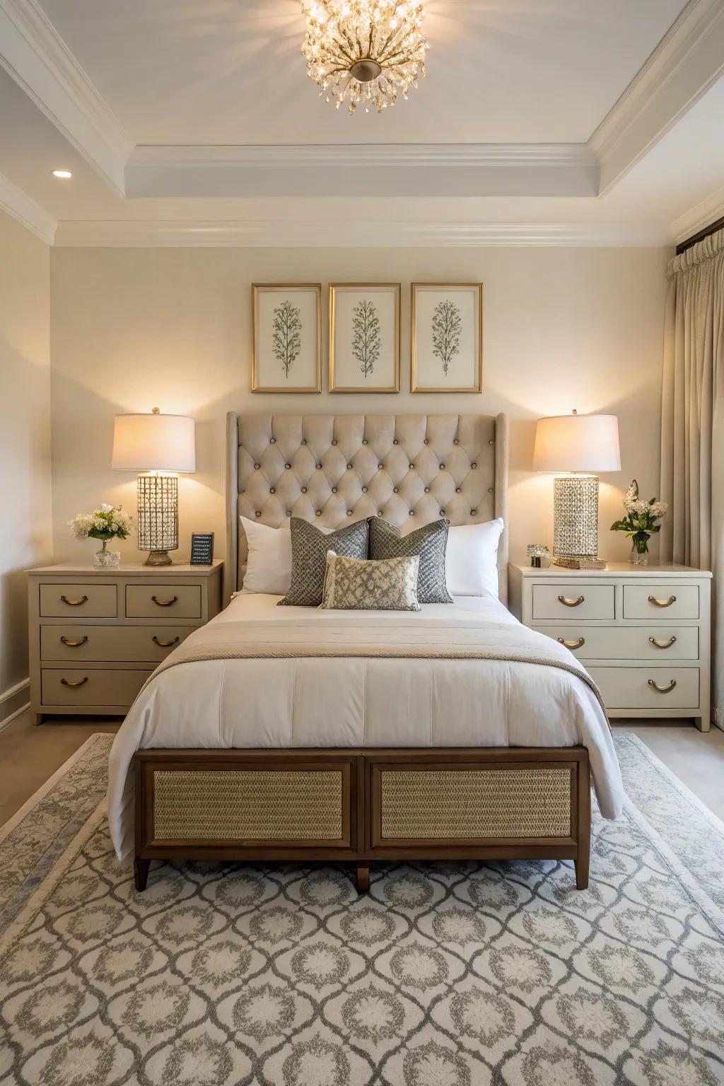 Symmetrical bedside tables add both function and beauty to the bedroom.
