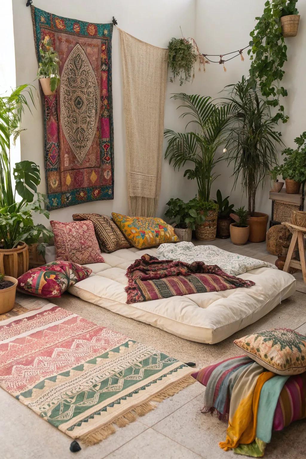 A bohemian haven with a bed on the floor.